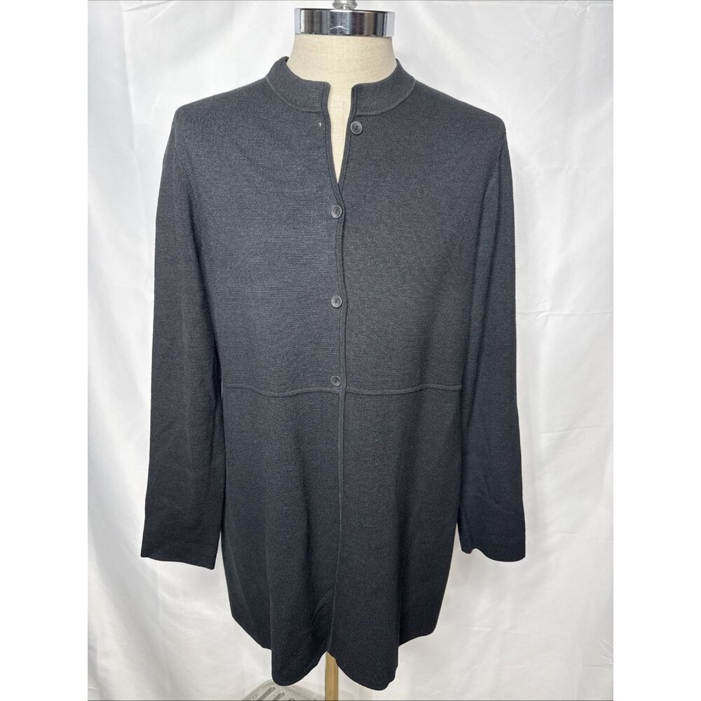 Eileen Fisher L Cardigan Black Silk Knit Sweater Long Pockets Buttons Crew Neck